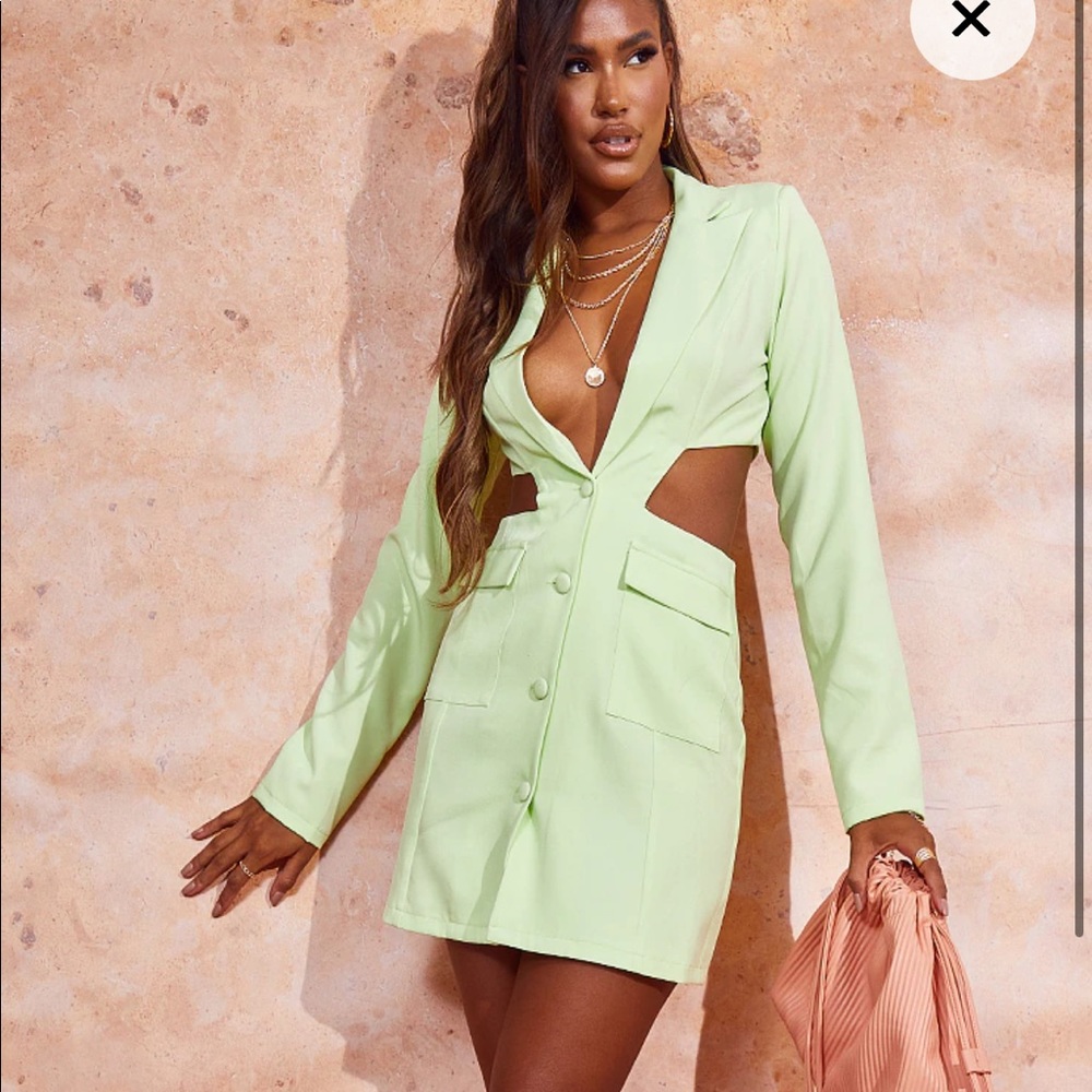 PLT Lime Shoulder Pad Waist Cut Out Long Sleeve Blazer Dress
